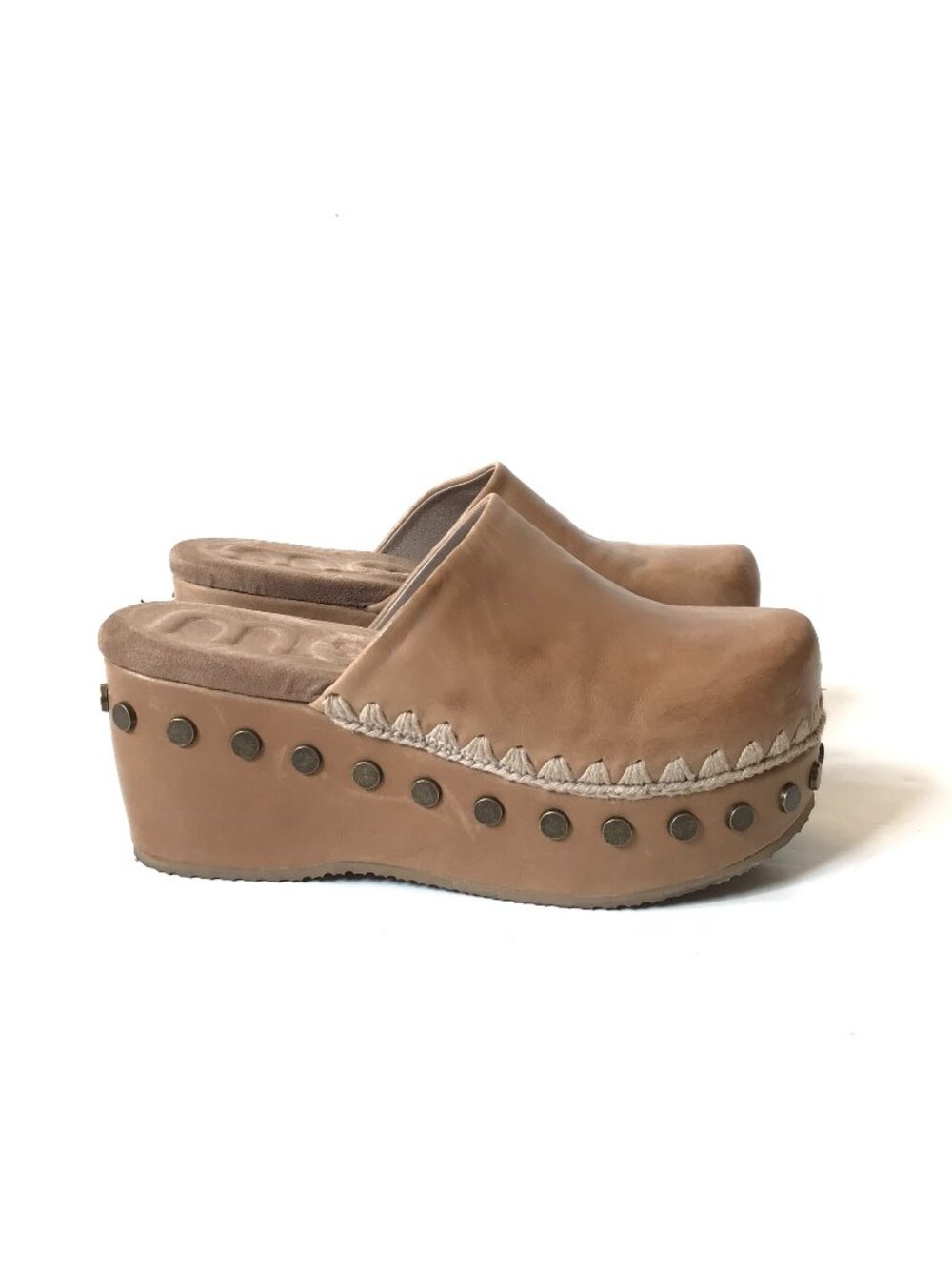 MOU Clogs Studded Mules Womens 37 7 Brown Suede Leather Slip On Platform Shoes